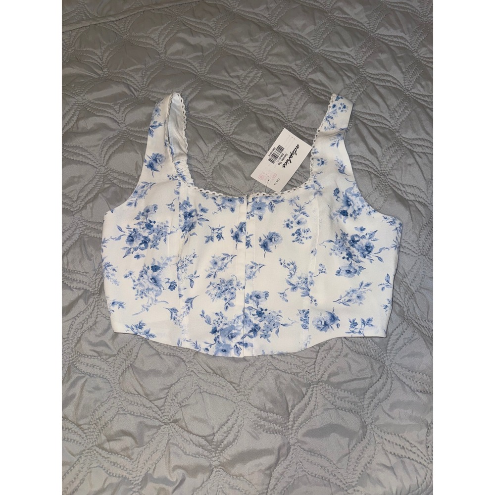 Adophies Serelle Floral Corset Crop Top Blue White Cottagecore‎ NWT L
